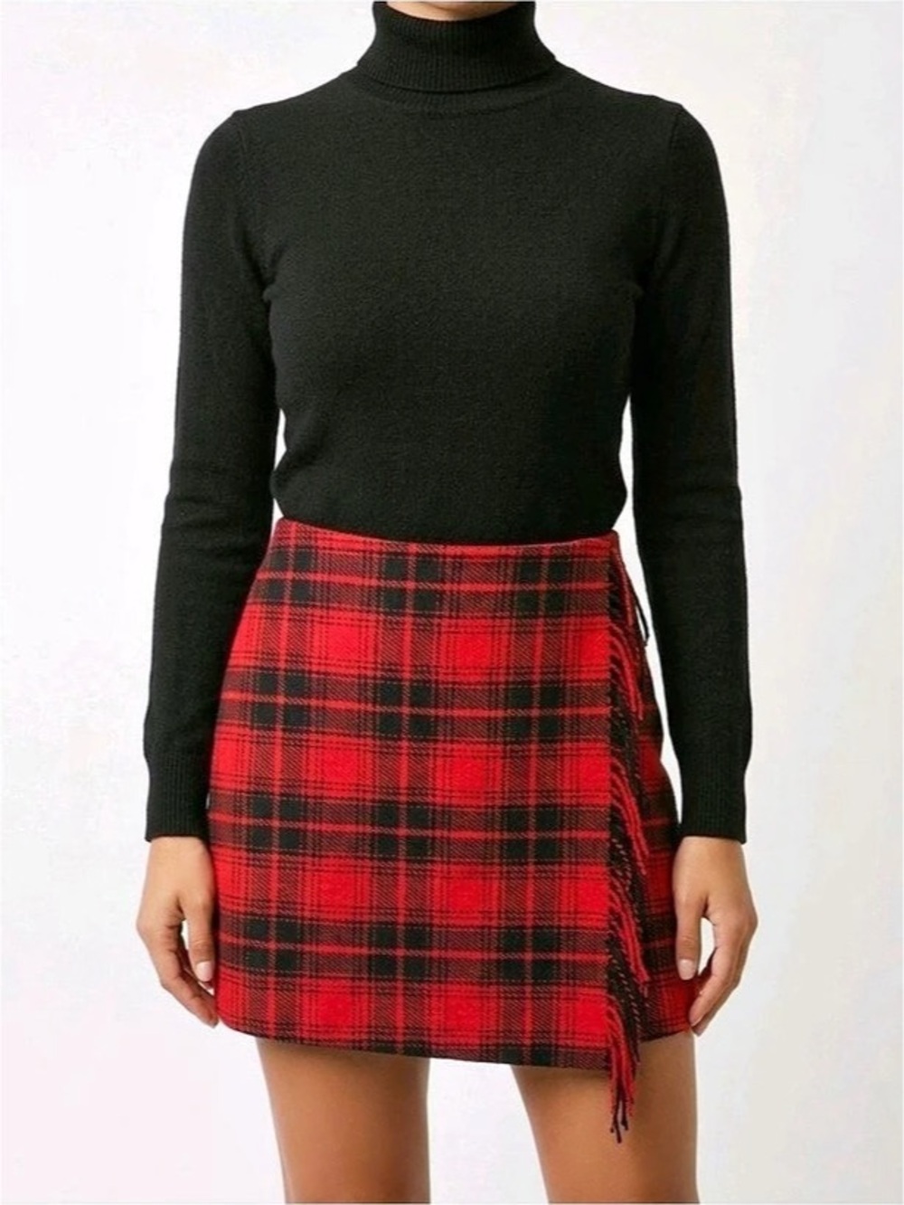 NWT LOFT Plaid Fringe Mini Wrap Skirt Red & Black